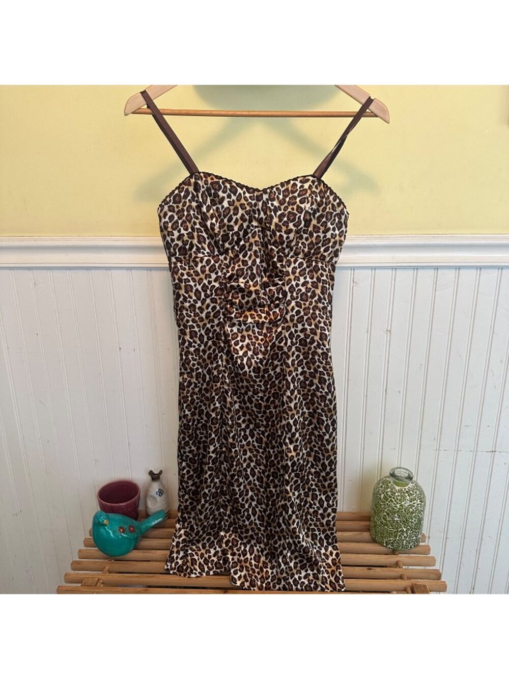 La Belle Size 3 Leopard Print Satin Slip Dress With Adjustable Straps